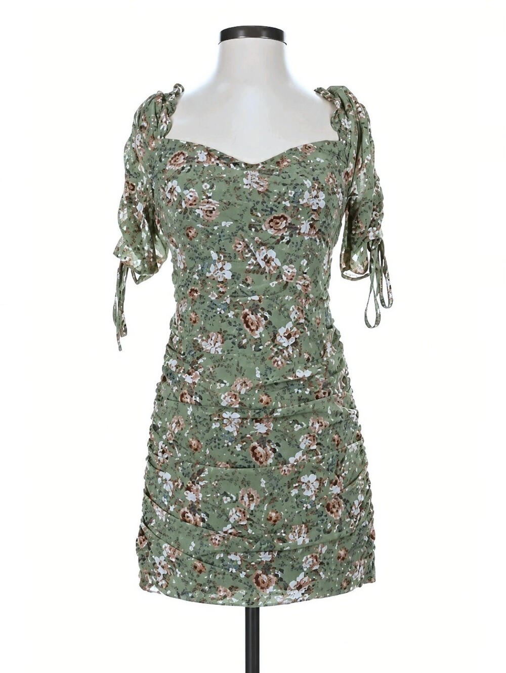 Altar'd State Sage Green Floral Ruched Bodycon Mini Dress Sweetheart Neck XS